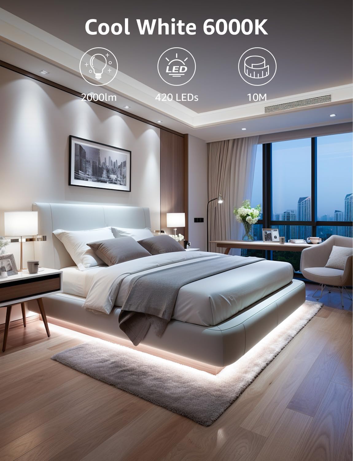 Lepro LED Strip 10M Kaltweiß, LED Streifen Kaltweiss 6000K Dimmbar, 2835 LED Band Weiß Selbstklebend, 420 LEDs Superhell LED Lichtband Leiste mit Netzteil, Lichterkette Kette für Innen Küche Deko