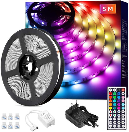 Lepro LED Strip 5M RGB Set, 5050 SMD 150 LEDs Streifen, 12V, LED Band Selbstklebend, Flexibel LED Lichtband, LED Lichterkette IP20, Bunt LED Leiste Kette Dimmbar, Netzteil und Controller enthalten
