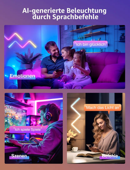 Lepro AI Glide Wall Light WL1, Wandleuchte mit Eingebautes Spracherkennung, Musik Sync, unterstützt Alexa & Google Assistant, KI-Lichtdesign-Assistent für Gaming Party Wand Deko, 6 Stück und 2 Ecke