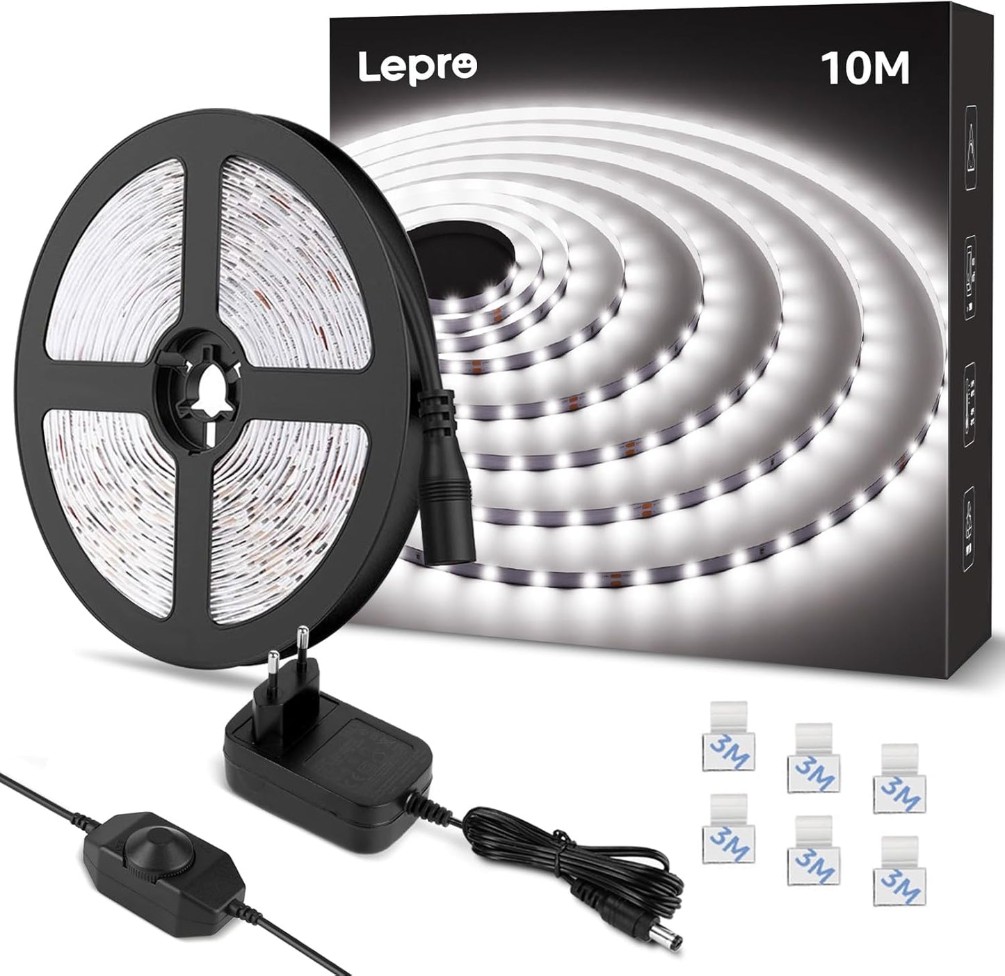 Lepro LED Strip 10M Kaltweiß, LED Streifen Kaltweiss 6000K Dimmbar, 2835 LED Band Weiß Selbstklebend, 420 LEDs Superhell LED Lichtband Leiste mit Netzteil, Lichterkette Kette für Innen Küche Deko