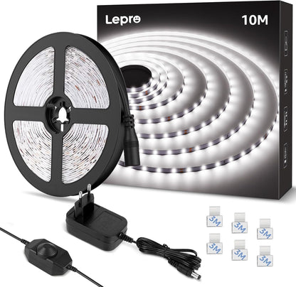Lepro LED Strip 10M Kaltweiß, LED Streifen Kaltweiss 6000K Dimmbar, 2835 LED Band Weiß Selbstklebend, 420 LEDs Superhell LED Lichtband Leiste mit Netzteil, Lichterkette Kette für Innen Küche Deko