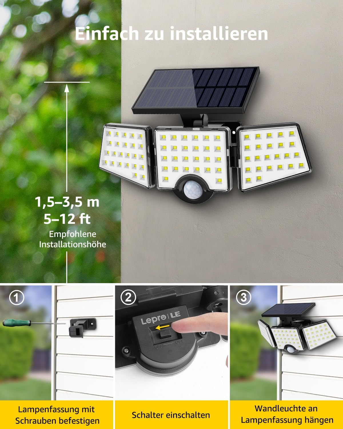 Lepro Solarlampen f¨¹r Au?en mit Bewegungsmelder, 360¡ã Beleuchtungswinkel, 1000 Lumen 6W LED Solarlampen Aussen, IP65 Wasserdicht, 270¡ãDrehbar Solar Au?enleuchte f¨¹r Au?en Garten Balkon Garage