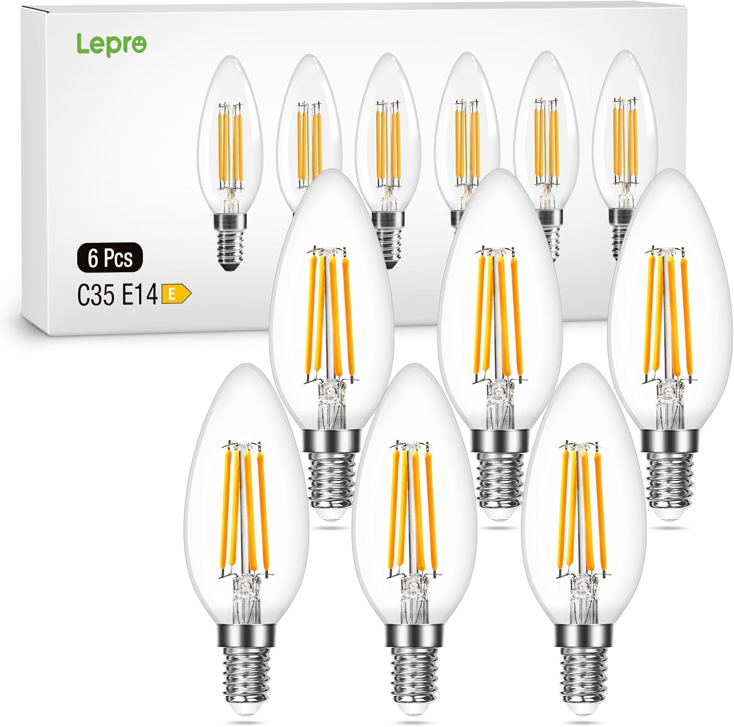 Lepro Glühbirne E14 LED Kerze, 4.5W LED, Warmweiss, 6er Pack, 470 Lumen Filament, Classic Lampe Birnen in Kerzenform, 2700 Kelvin Warmweiß, Ersetzt 40 Watt, Edison Vintage