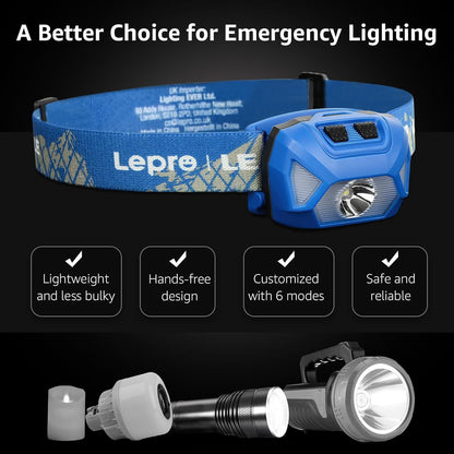 Lepro Stirnlampe, 1300 Lux LED XPG Kopflampe mit 6 Lichtmodi Scheinwerfer und Rotlicht, IPX4 spritzwassergeschütztes Gehäuse, Batteriebetrieben Stirnlampen, Ideal für Camping Joggen, Blau, 2 Stück