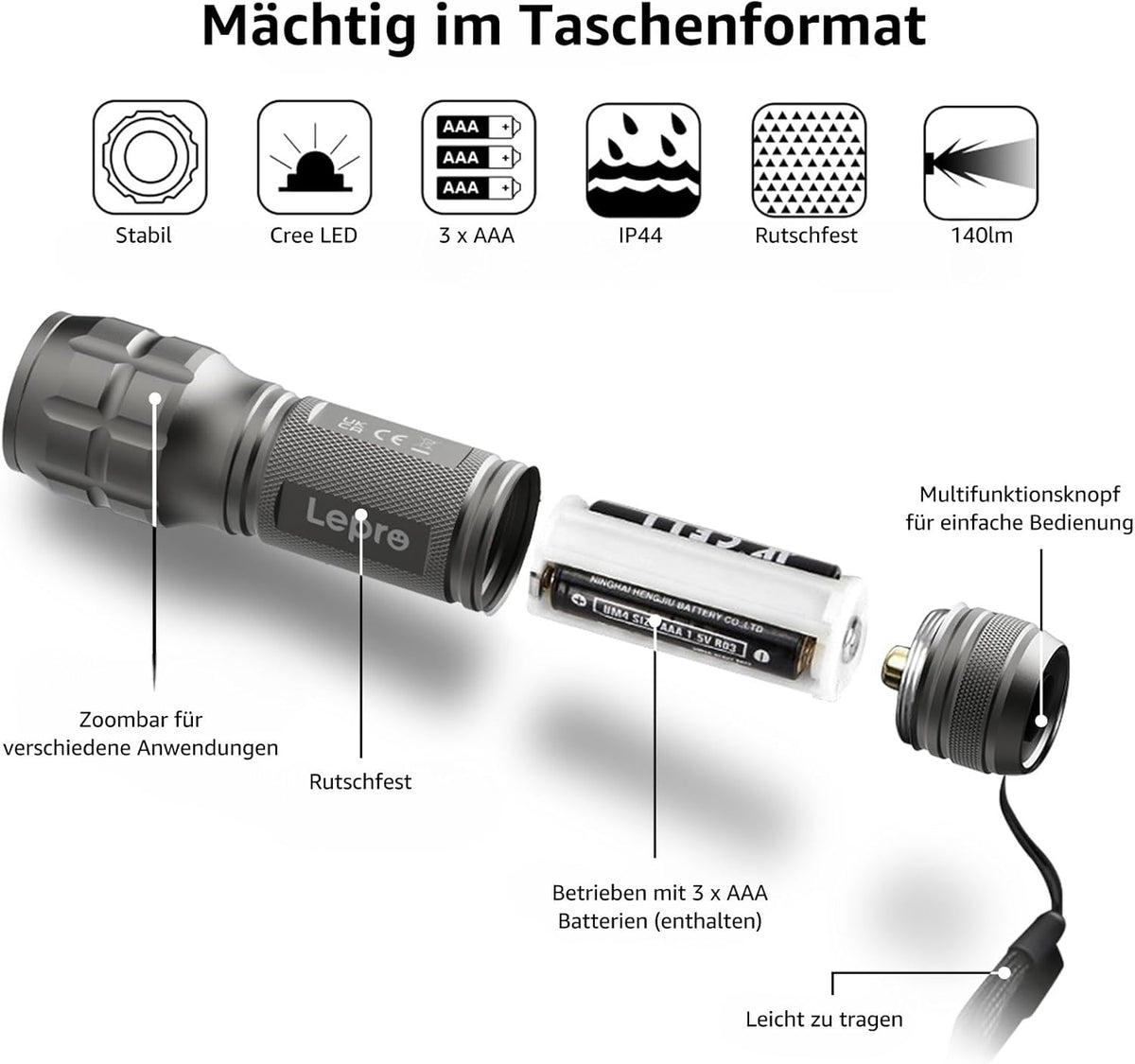 LE LED Taschenlampe (4er-Pack), Zoombare Flashlight für Kinder, Gunmetal | Extrem Hell Zoombare Mini Taschenlampen (Inklusive Batterie), Tragbare Wasserdichte Handlampe für Camping, Outdoor, Notfälle