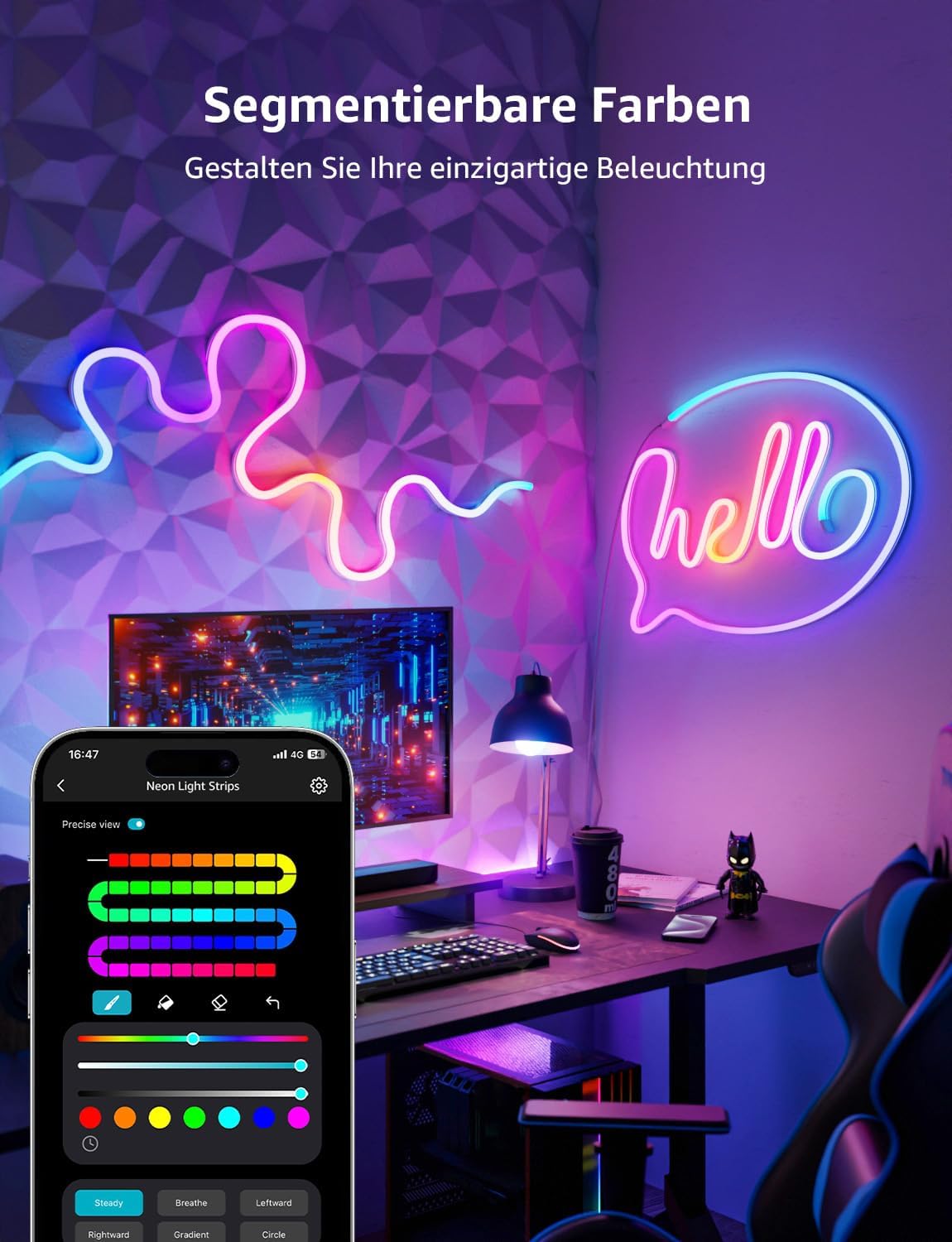Lepro Neon AI LED Strip 3m, RGB LED Streifen mit App-, Musik- und Sprachsteuerung, kompatibel mit Alexa & Google Assistant, für Wohnzimmer, Gaming, Party, Wanddeko, Personalisierter KI-Lichtdesigner