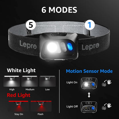 Lepro Stirnlampe USB Wiederaufladbar, Ultrahelle 800L LED Kopflampe mit Gestensensor und Rotlicht, 5 Lichtmodi, Wasserdicht Leicht Stirnleuchte, Perfekt fürs Laufen, Joggen, Angeln, Campen, 2 Stück