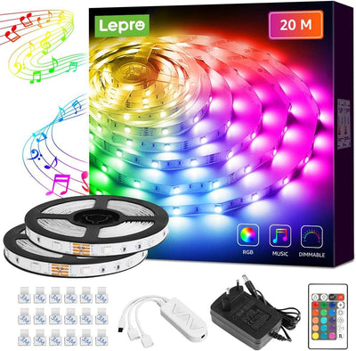 Lepro LED MagicColor Strip 20M(2x10M), 600 LEDs Streifen Lichterkette, Musik Band mit Fernbedienung, Lichtband Wasserdicht IP65 für Weihnachten