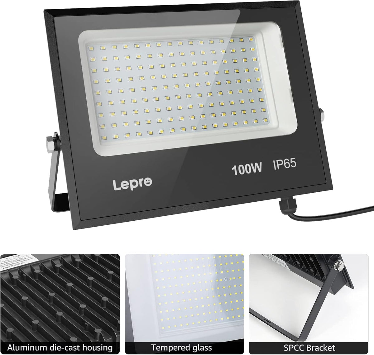 Lepro LED Strahler Außen, 100W LED Fluter Superhell Außenstrahler 12000LM, IP65 Wasserdicht 6500K Scheinwerfer Flutlicht mit 2835 SMD LEDs, Außenlampe für Garten, Innenhöfe, Garage, Hotel, Sportplatz