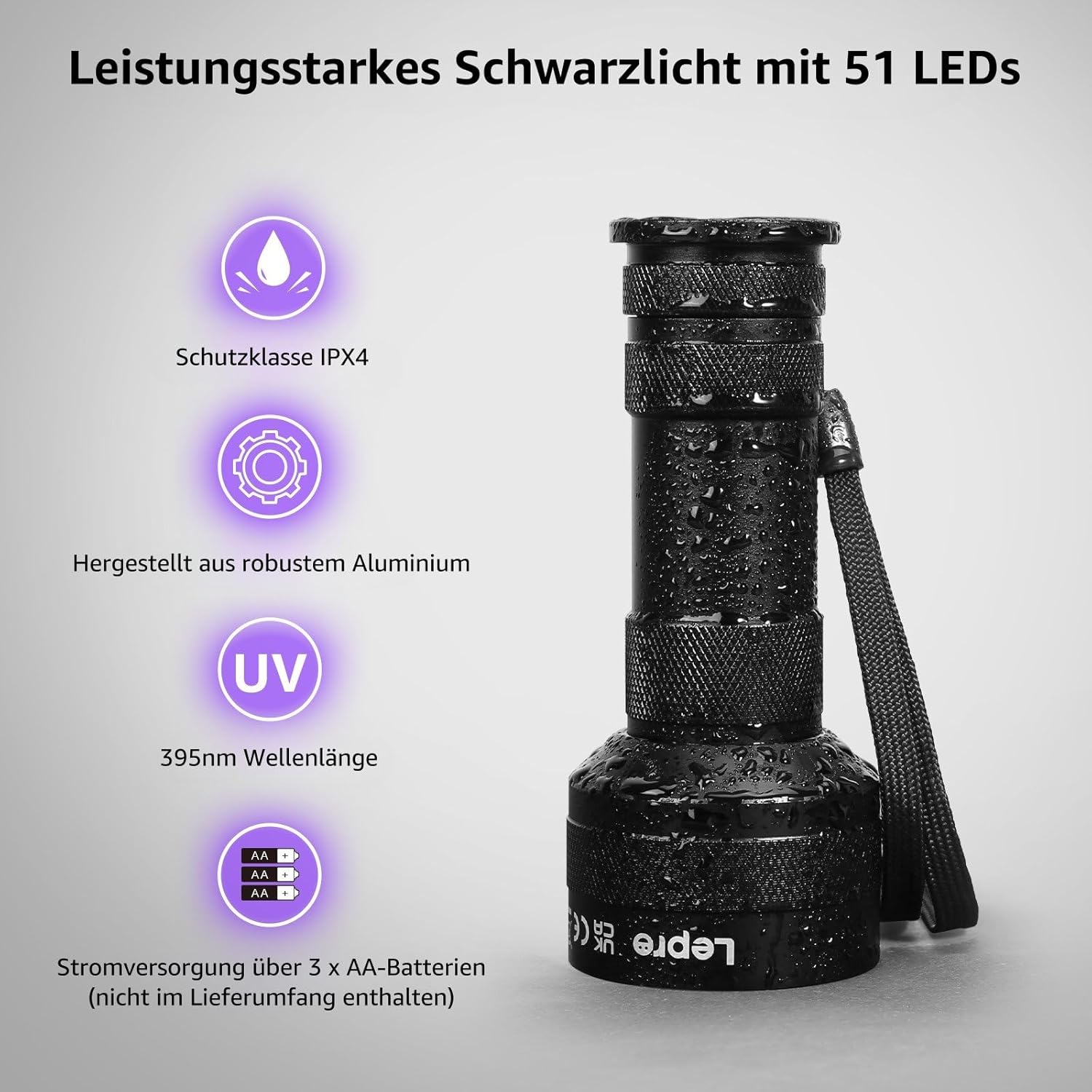 Lepro UV Schwarzlicht Taschenlampe mit 51 LEDs, UV Lampe HD51 Haustiere Urin-Detektor Ultraviolettes Licht mit 395nm für Eingetrocknete Flecken Ihrer Hunde, Katzen und Nagetiere auf Teppichen