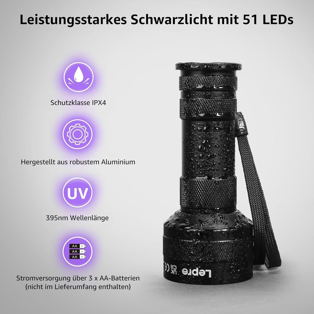 Lepro UV Schwarzlicht Taschenlampe mit 51 LEDs, UV Lampe HD51 Haustiere Urin-Detektor Ultraviolettes Licht mit 395nm für Eingetrocknete Flecken Ihrer Hunde, Katzen und Nagetiere auf Teppichen