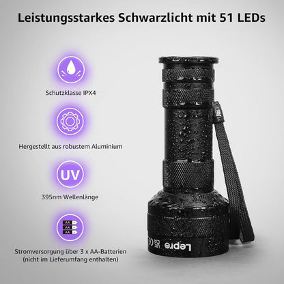 Lepro UV Schwarzlicht Taschenlampe mit 51 LEDs, UV Lampe HD51 Haustiere Urin-Detektor Ultraviolettes Licht mit 395nm für Eingetrocknete Flecken Ihrer Hunde, Katzen und Nagetiere auf Teppichen