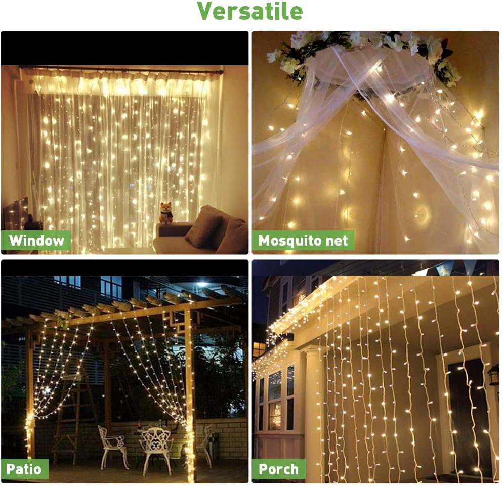 LE Lichtervorhang 3 * 3m, USB Lichterketten Vorhang 300 LEDs Warmwei?, 8 Modi Dimmbare Kupferdraht, Lichterkette Batterie f¨¹r Au?en Innen Deko Schlafzimmer, Partydekoration, Weihnachten, Hochzeit
