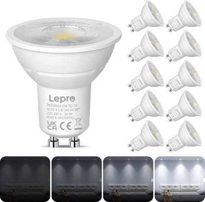 Lepro GU10 LED Lampe 4,5W Dimmbar Kaltwei?, 6500K, 345 Lumen, 38¡ã Spot, CRI>80, Energiesparend >91%, LED Reflektorlampe, Dimmbare GU10 Leuchtmittel f¨¹r K¨¹che, Wohnzimmer, 10er Pack