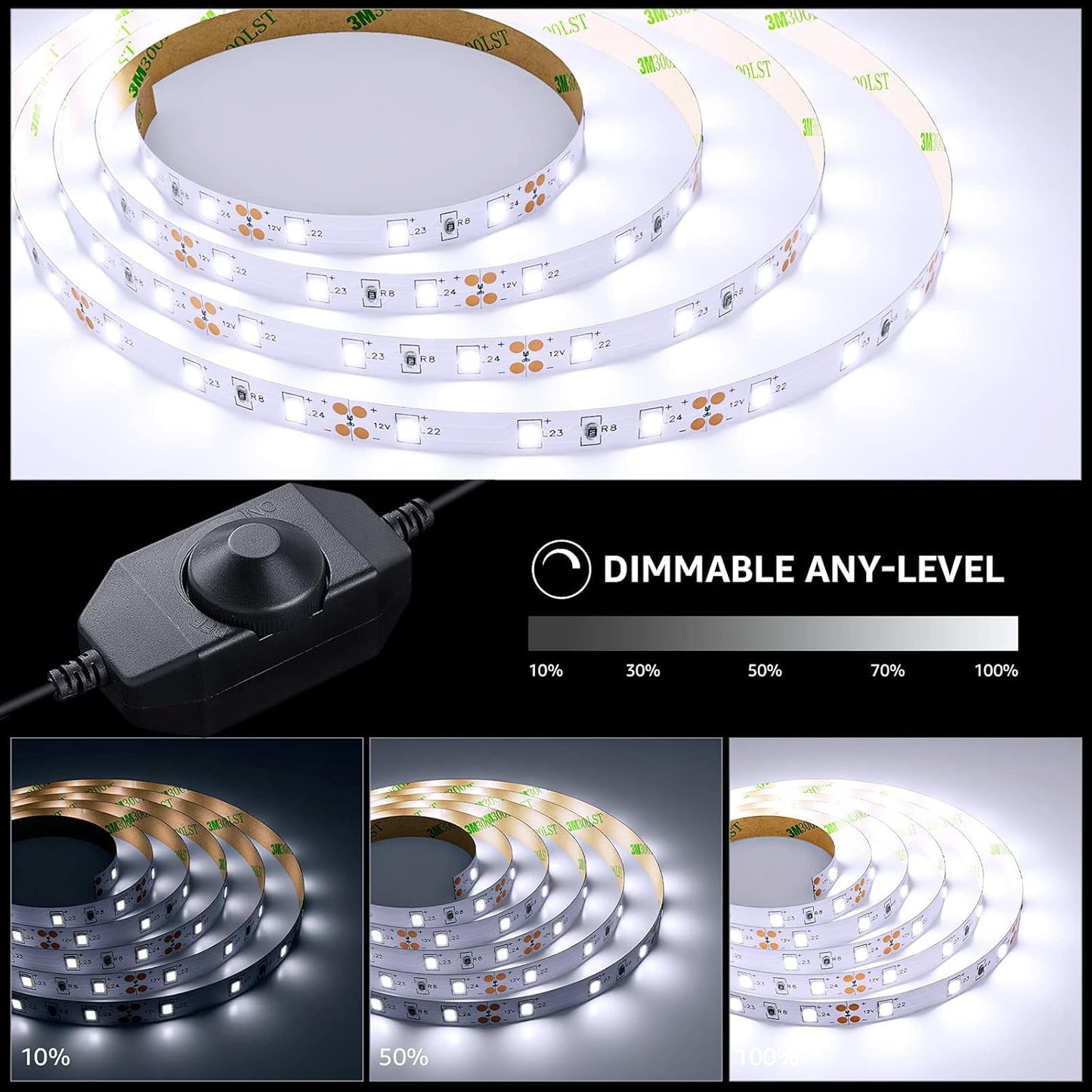 Lepro LED Strip Kaltweiß 5M, LED Streifen Kaltweiss 6000K Dimmbar, 300 LEDs, 12V Selbstklebend, IP20 LED Band, Weiß Flexible DIY Leiste, LED Lichtband Kette mit Netzteil für Innen Küche Dekoration