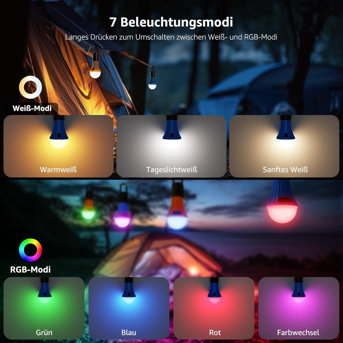 Campinglampe Aufladbar, Lepro Camping Zubehör Camping lampe Zeltlampe Glühbirne Notlicht, 7 Leuchtmodi, 2 Stück für Camping Abenteuer Angeln Garage Notfall Stromausfall