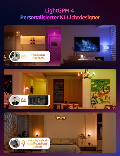 Lepro AI Smart Glühbirne BC1, 4.9W 470LM Glühbirne E14 Dimmbar, Personalisierter KI-Lichtdesigner, RGB+CCT, Kompatibel mit Alexa/Google, Sprachsteuerung/Musik Sync, WiFi & Bluetooth, 1 Stück