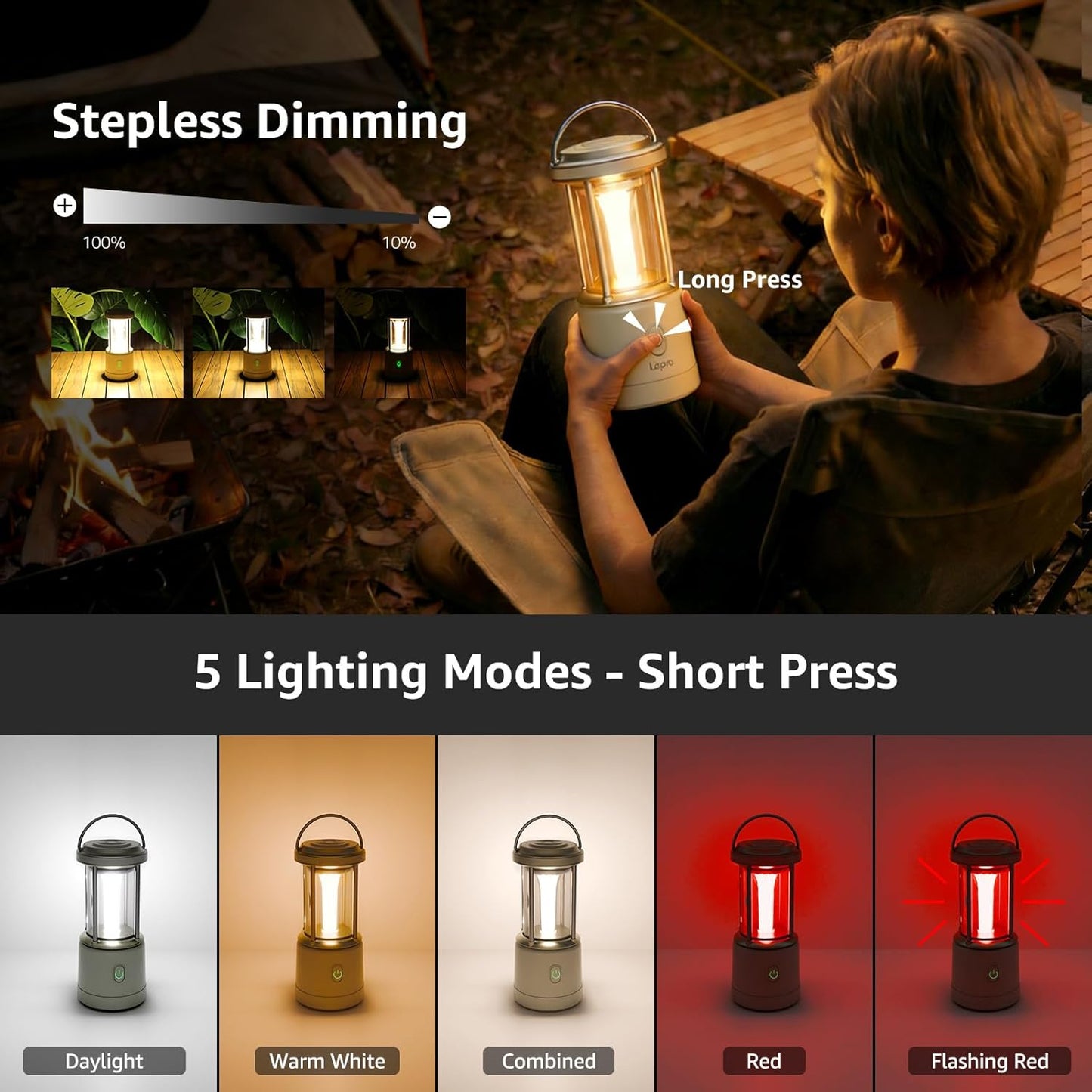 Lepro LED-Campinglampe, 1100 Lumen, 5 Leuchtmodi, helligkeitsverstellbarer Suchscheinwerfer, IPX4 wasserdichte batteriebetriebene Notfallleuchte, geeignet f¨¹r Stromausf?lle, Wanderungen£¬White
