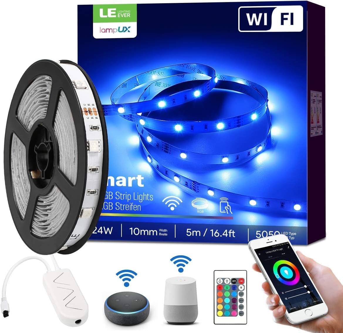 LE LED Strip Alexa 5M, Smart LED Streifen Wifi, RGB 150 LEDs, Wlan LED Band, Superhell 5050 Selbstklebend Leiste, Lichterkette mit Fernbedienung, Kompatibel mit Alexa, App, Google Home, IP20