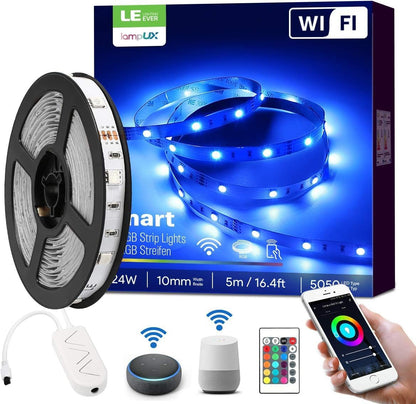 LE LED Strip Alexa 5M, Smart LED Streifen Wifi, RGB 150 LEDs, Wlan LED Band, Superhell 5050 Selbstklebend Leiste, Lichterkette mit Fernbedienung, Kompatibel mit Alexa, App, Google Home, IP20