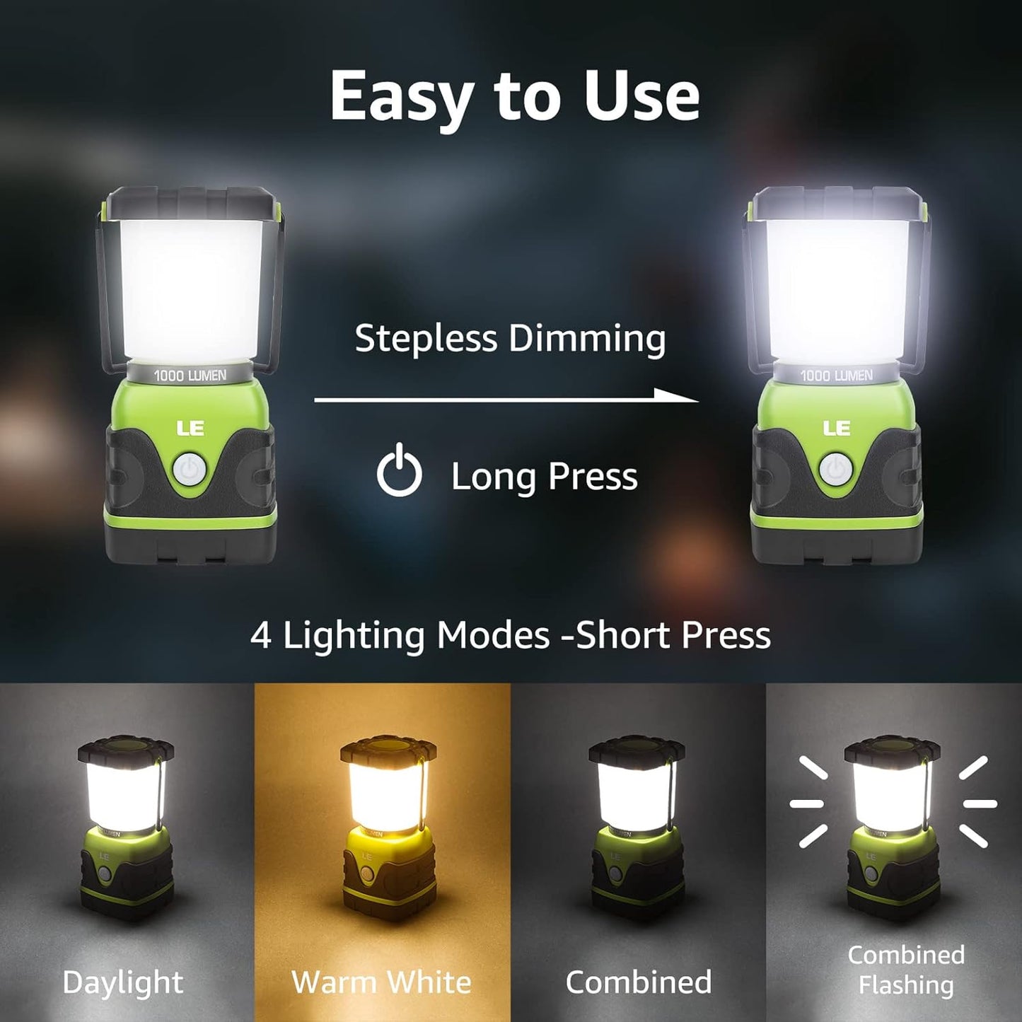 LE LED Campinglampe, Ultra Hell 1000 Lumen, 4 LeuchtmodiI Dimmbar Suchscheinwerfer, Batteriebetrieben Notfallleuchte für Stromausfällen, Wandern, Notfall, Ausfälle und so weiter, 1 Stück