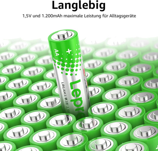 Lepro AA Batterien, 100 Stück, Alkaline Batterie AA mit 1.5V - Langlebig, Leistungsstark & Auslaufsicher, Ideal für Fernbedienungen, Spielzeug, Uhren, Taschenlampe UVM