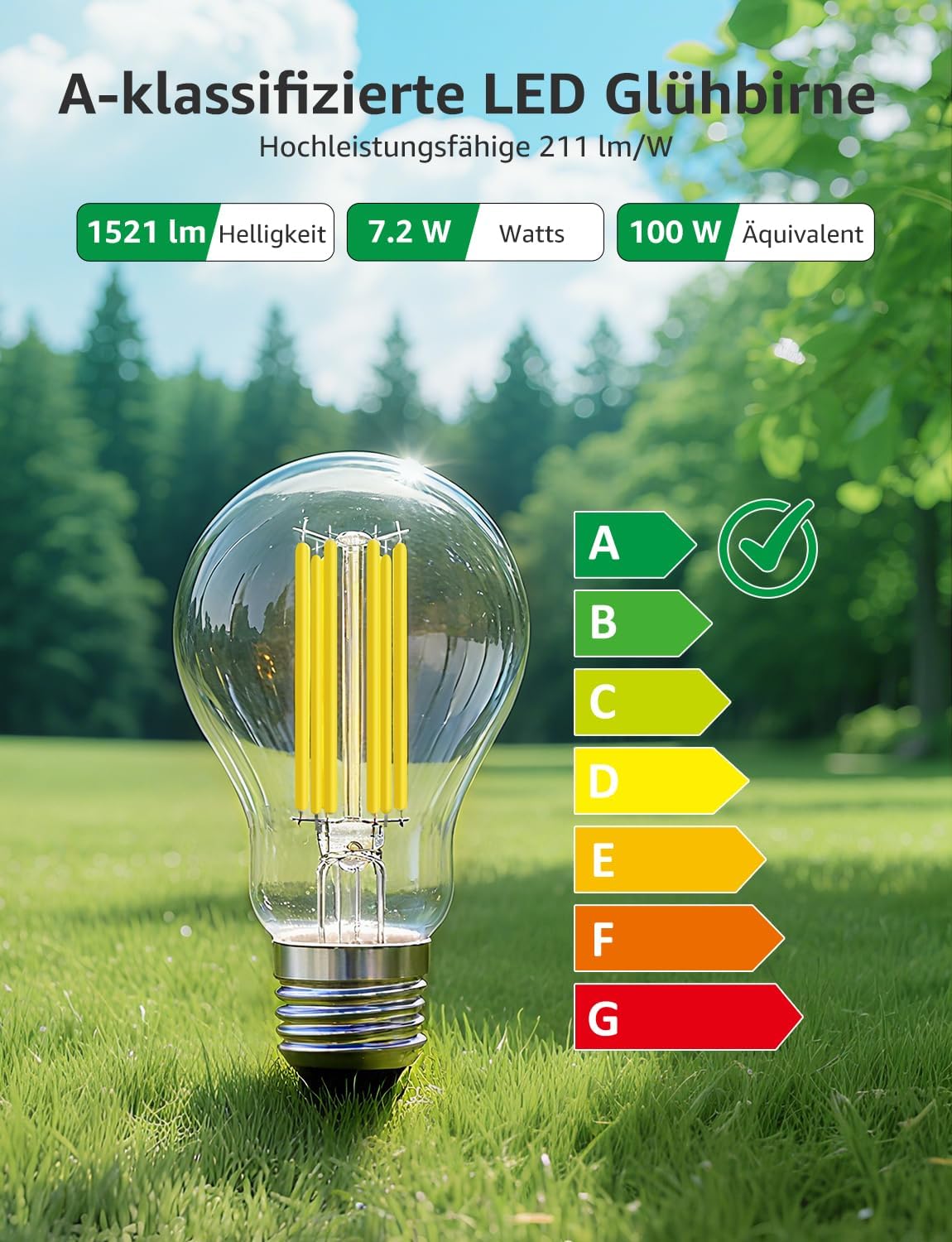 Lepro Energieklasse A E27 LED Warmweiss, 7.2W 1521 Lumen Glühbirne E27, Nicht Dimmbar, A60 Led Birne, 2700 Kelvin Warmweiß, 300° Abstrahlwinkel Energiesparlampe, ersetzt 100W Leuchtmittel, 1 Stück