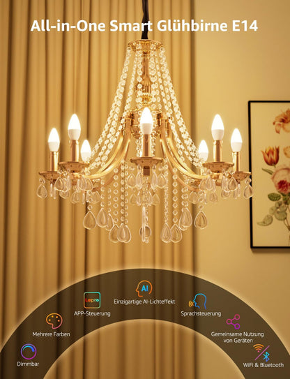 Lepro AI Smart Glühbirne BC1, 4.9W 470LM Glühbirne E14 Dimmbar, Personalisierter KI-Lichtdesigner, RGB+CCT, Kompatibel mit Alexa/Google, Sprachsteuerung/Musik Sync, WiFi & Bluetooth, 4 Stück