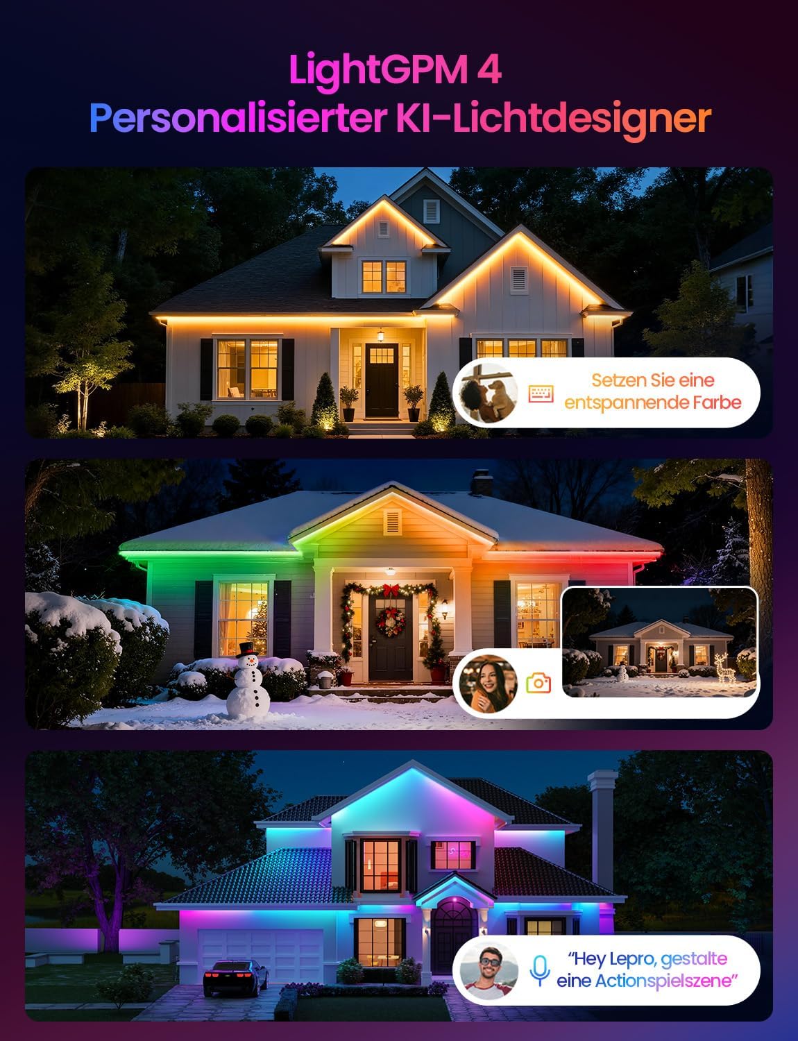 Lepro AI RGBCW LED Streifen SW1, 5m Au?enbereich IP65 Wasserdicht led Strip, Personalisierter KI-Lichtdesigner, Foto-zu-Licht, Musik-Sync, Kompatibel mit Alexa & Google Assistant f¨¹r Au?enszenen