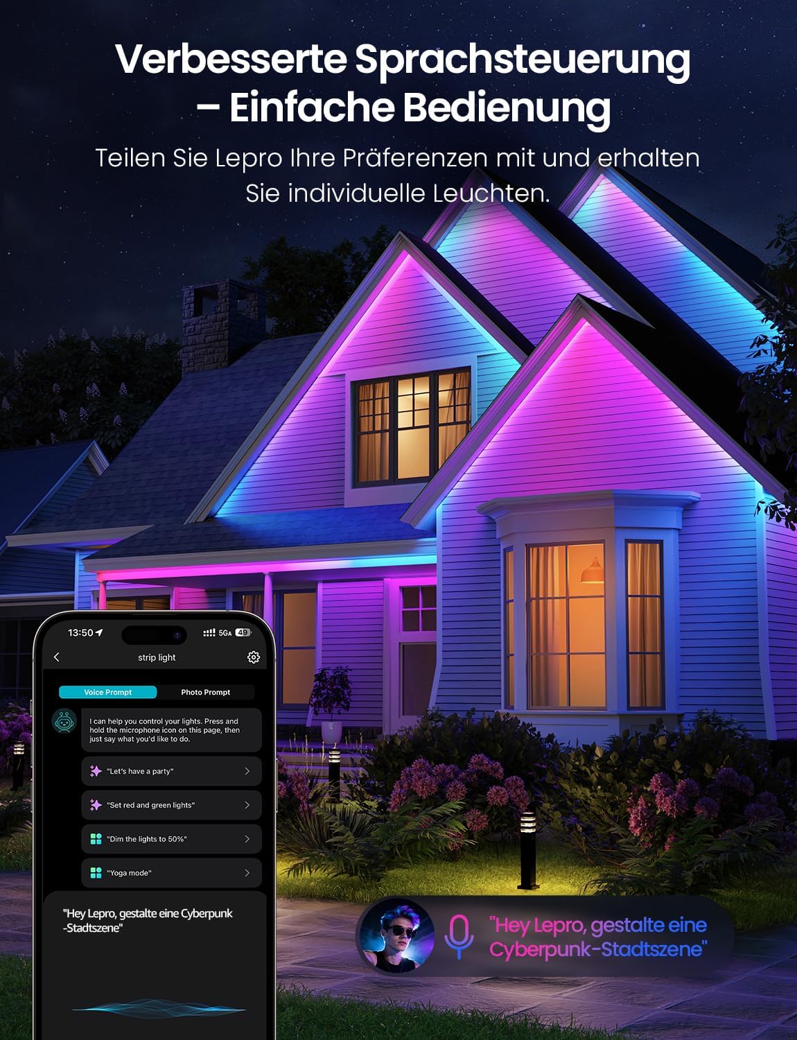 Lepro AI RGBCW LED Streifen SW1, 5m Au?enbereich IP65 Wasserdicht led Strip, Personalisierter KI-Lichtdesigner, Foto-zu-Licht, Musik-Sync, Kompatibel mit Alexa & Google Assistant f¨¹r Au?enszenen
