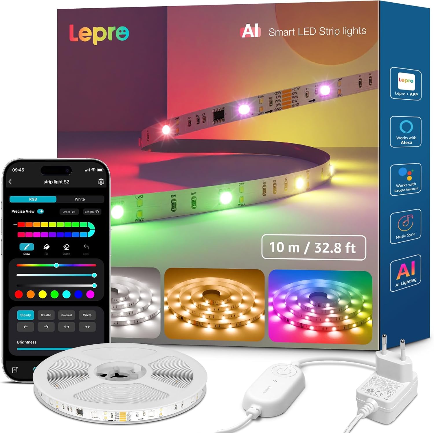 Lepro AI LED Streifen S2, 10M RGBCW LED Strip mit echtem Wei?licht, MagicColor RGBIC, Personalisierter KI-Lichtdesigner, Musik-Sync, Kompatibel mit Alexa & Google Assistant f¨¹r Gaming & Ambiente