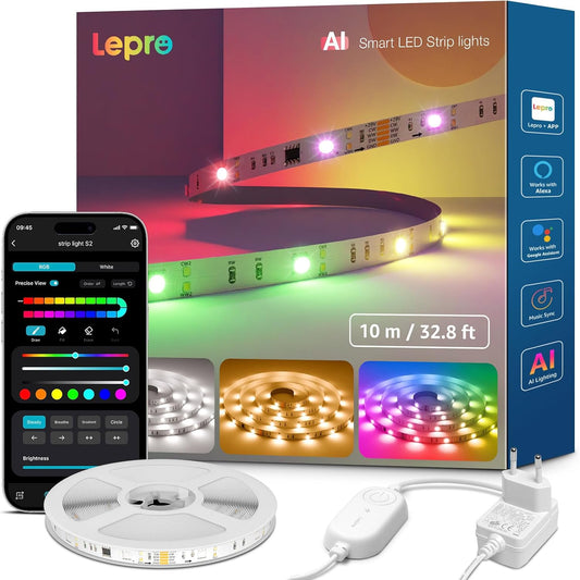 Lepro AI LED Streifen S2, 10M RGBCW LED Strip mit echtem Wei?licht, MagicColor RGBIC, Personalisierter KI-Lichtdesigner, Musik-Sync, Kompatibel mit Alexa & Google Assistant f¨¹r Gaming & Ambiente