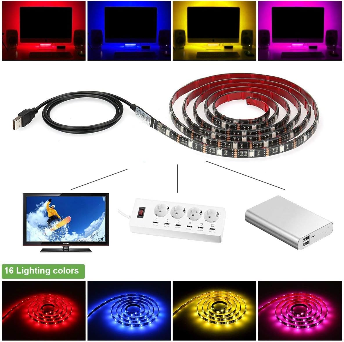 LE RGB Streifen Selbstklebend, TV Hintergrundbeleuchtung USB LED Strip mit 60 Stück 5050 LEDs, IP65 Wasserdicht, 2m LED Band für 40-60 Zoll TV für Raumausstattung Dekoration LED Fernseher Beleuchtung