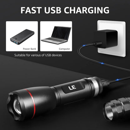 LE LED Taschenlampe Aufladbar USB, Extrem Hell 15000 Lux OSRAM P9 Taschenlampen, IPX4 Wasserdicht Zoombare Handlampe mit 5 Modi, Wiederaufladbare Taktische Taschenlampe für Camping, Outdoor, Wandern