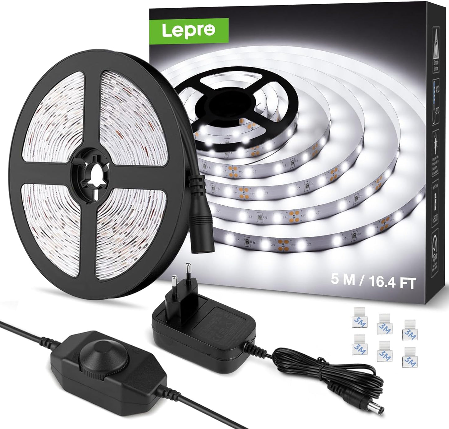 Lepro LED Strip Kaltweiß 5M, LED Streifen Kaltweiss 6000K Dimmbar, 300 LEDs, 12V Selbstklebend, IP20 LED Band, Weiß Flexible DIY Leiste, LED Lichtband Kette mit Netzteil für Innen Küche Dekoration