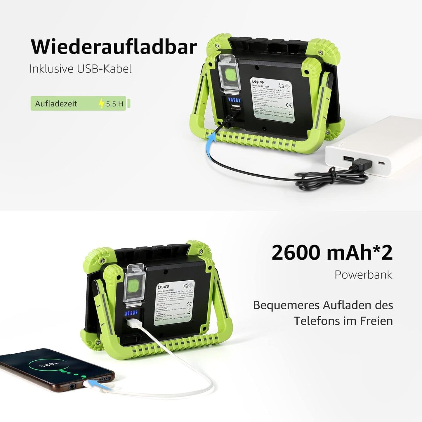 Lepro LED Campinglampe, Tragbares Arbeitsleuchte mit Wiederaufladbarem Integriertem Akku, Camping Lampe 2000 Lumen 20w, Campingleuchte 5 Beleuchtungsmodi, 5200 mAh Powerbank, für den Notfall, Angeln, bei Stromausfälle und mehr