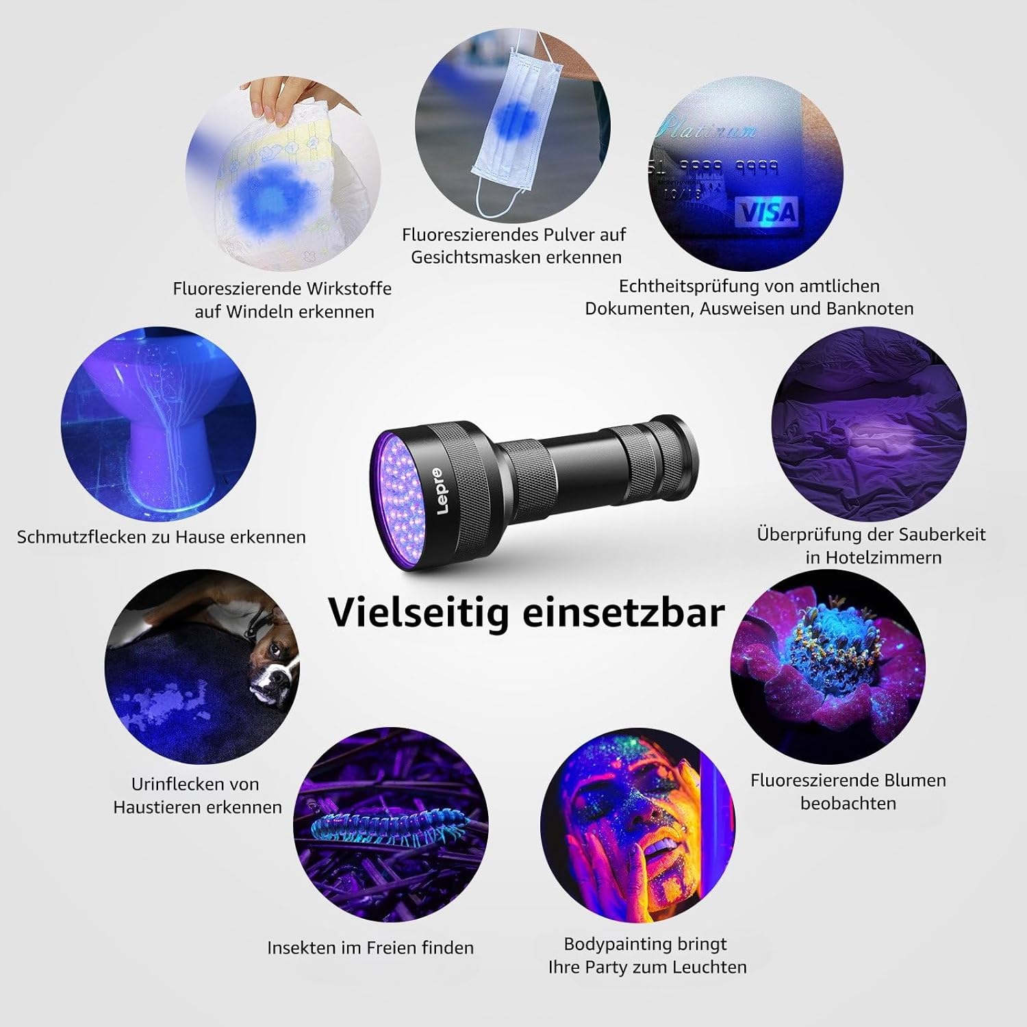 Lepro UV Schwarzlicht Taschenlampe mit 51 LEDs, UV Lampe HD51 Haustiere Urin-Detektor Ultraviolettes Licht mit 395nm für Eingetrocknete Flecken Ihrer Hunde, Katzen und Nagetiere auf Teppichen