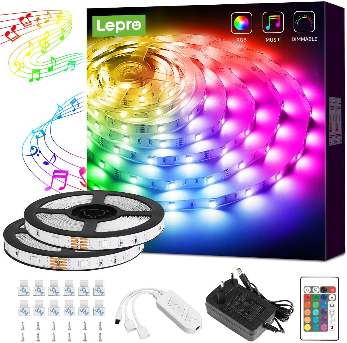 Lepro LED Strip 10M(2x5M), LED Streifen Musik Lichterkette mit Fernbedienung, Band Lichter, RGB Dimmbar Lichtleiste Light, Lichtband Leiste, Bunt Kette für Party Weihnachten Deko