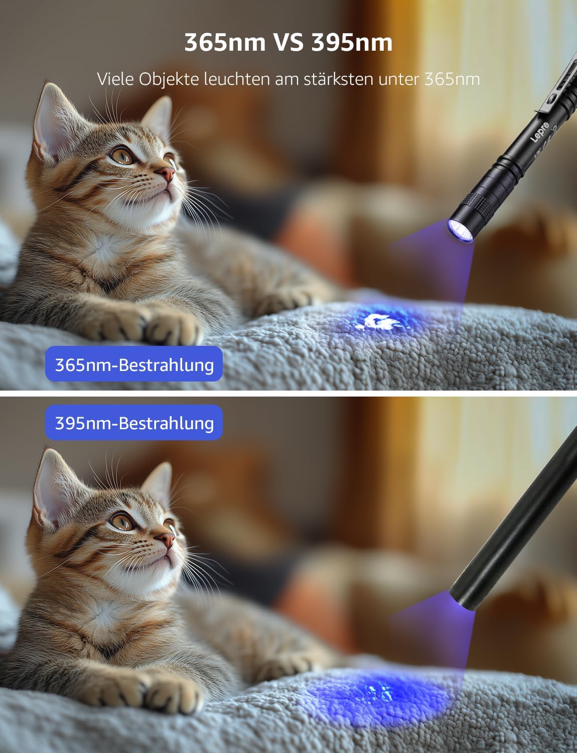 Lepro UV Taschenlampe, 365nm UV Lampe mit Clip, Batteriebetrieben Schwarzlicht Taschenlampe, Vielseitig & Tragbar Bernstein Lampe für Lecksuche, Haustierurin und Falschgeld-Erkennung (2 Stück)