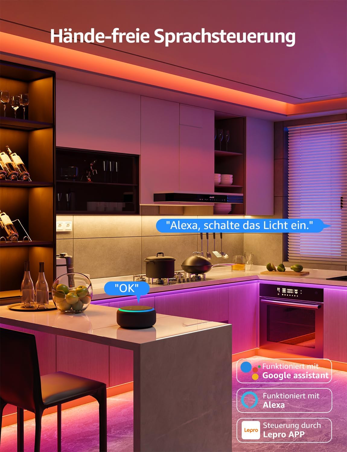 Lepro AI LED Streifen SE1, 5M Smart LED Strip RGB mit App-Sprachbefehle, Musik Sync, Personalisierter KI-Lichtdesigner, kompatibel mit Alexa&Google Assistant, für Party/Zuhause, Keine Fernbedienung