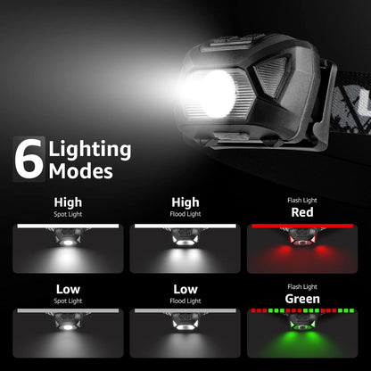 Lepro Stirnlampe LED Wiederaufladbar, 2000 Lux Superhell Kopflampe Stirnlampe mit Rotlicht und 6 Lichtmodi, IPX4 Wasserdicht Stirnleuchte, Ideal für Camping&Joggen, Schwarz [inkl. USB Kabel]