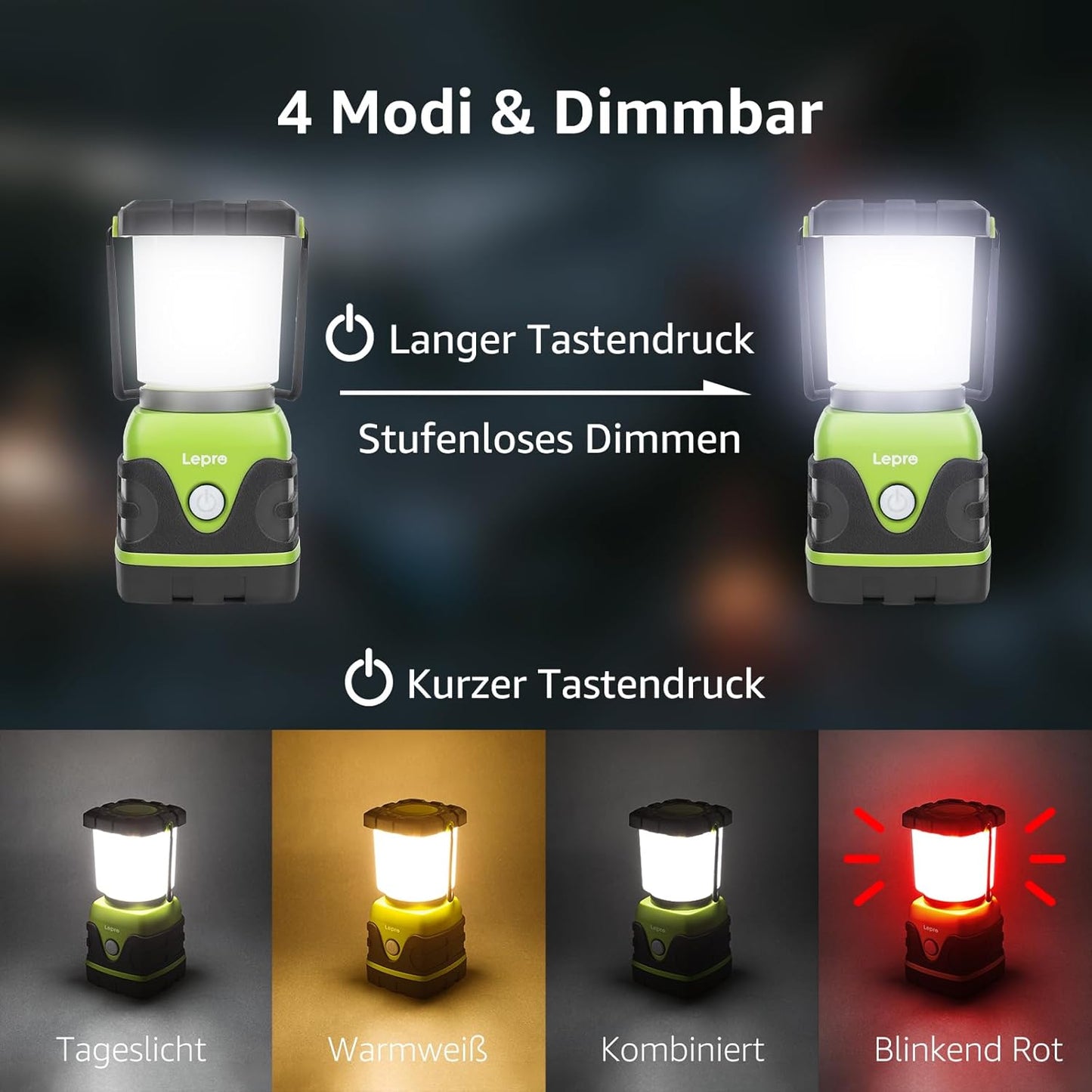 Lepro LED Campinglampe Batteriebetrieben, Ultra Hell 1500 Lumen, 4 Modi & Dimmbar Camping licht, Notfallleuchte für Stromausfällen, Wandern, Notfall, Ausfälle und so weiter
