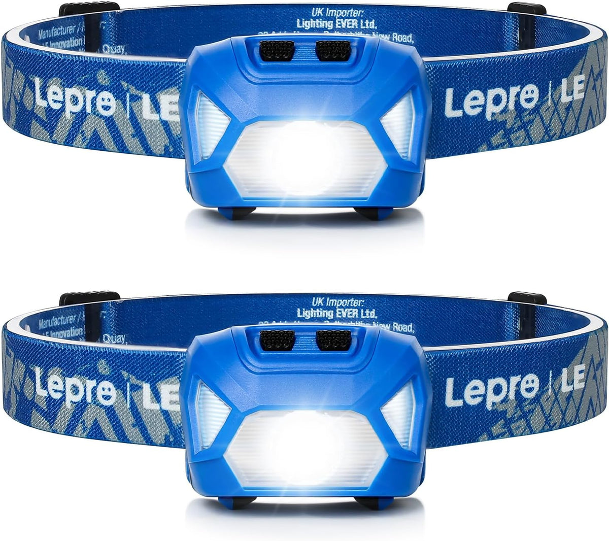 Lepro Stirnlampe, 1300 Lux LED XPG Kopflampe mit 6 Lichtmodi Scheinwerfer und Rotlicht, IPX4 spritzwassergeschütztes Gehäuse, Batteriebetrieben Stirnlampen, Ideal für Camping Joggen, Blau, 2 Stück