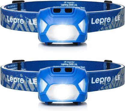 Lepro Stirnlampe, 1300 Lux LED XPG Kopflampe mit 6 Lichtmodi Scheinwerfer und Rotlicht, IPX4 spritzwassergeschütztes Gehäuse, Batteriebetrieben Stirnlampen, Ideal für Camping Joggen, Blau, 2 Stück