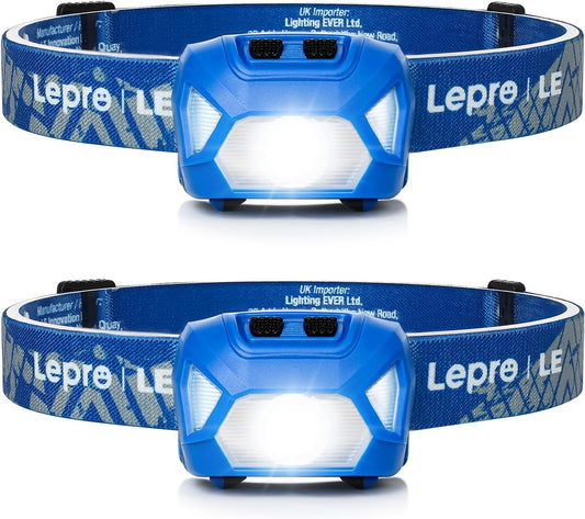 Lepro Stirnlampe, 1300 Lux LED XPG Kopflampe mit 6 Lichtmodi Scheinwerfer und Rotlicht, IPX4 spritzwassergeschütztes Gehäuse, Batteriebetrieben Stirnlampen, Ideal für Camping Joggen, Blau, 2 Stück