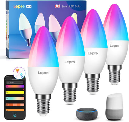 Lepro AI Smart Glühbirne BC1, 4.9W 470LM Glühbirne E14 Dimmbar, Personalisierter KI-Lichtdesigner, RGB+CCT, Kompatibel mit Alexa/Google, Sprachsteuerung/Musik Sync, WiFi & Bluetooth, 4 Stück