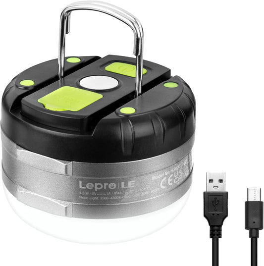 LE LED Campinglampe, Wiederaufladbare Suchscheinwerfer, tragbar & handlich, mit Haken, 3 Helligkeiten Dimmbar Notfallleuchte für Stromausfällen, Wandern, Camping, Notfall usw.