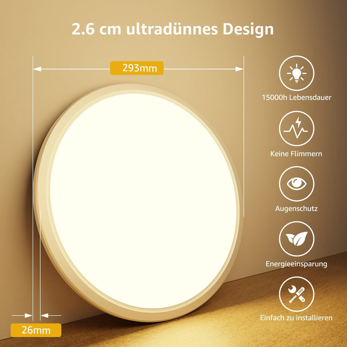 Lepro Deckenlampe 24W, IP44 Wasserfest Deckenleuchte，3000K 2400LM Badezimmer Lampe, Warmweiß Deckenleuchte Badezimmer, ideal Badezimmerlampe Decke für Bad Schlafzimmer Flur Küche Wohnzimmer, Ø29.3cm