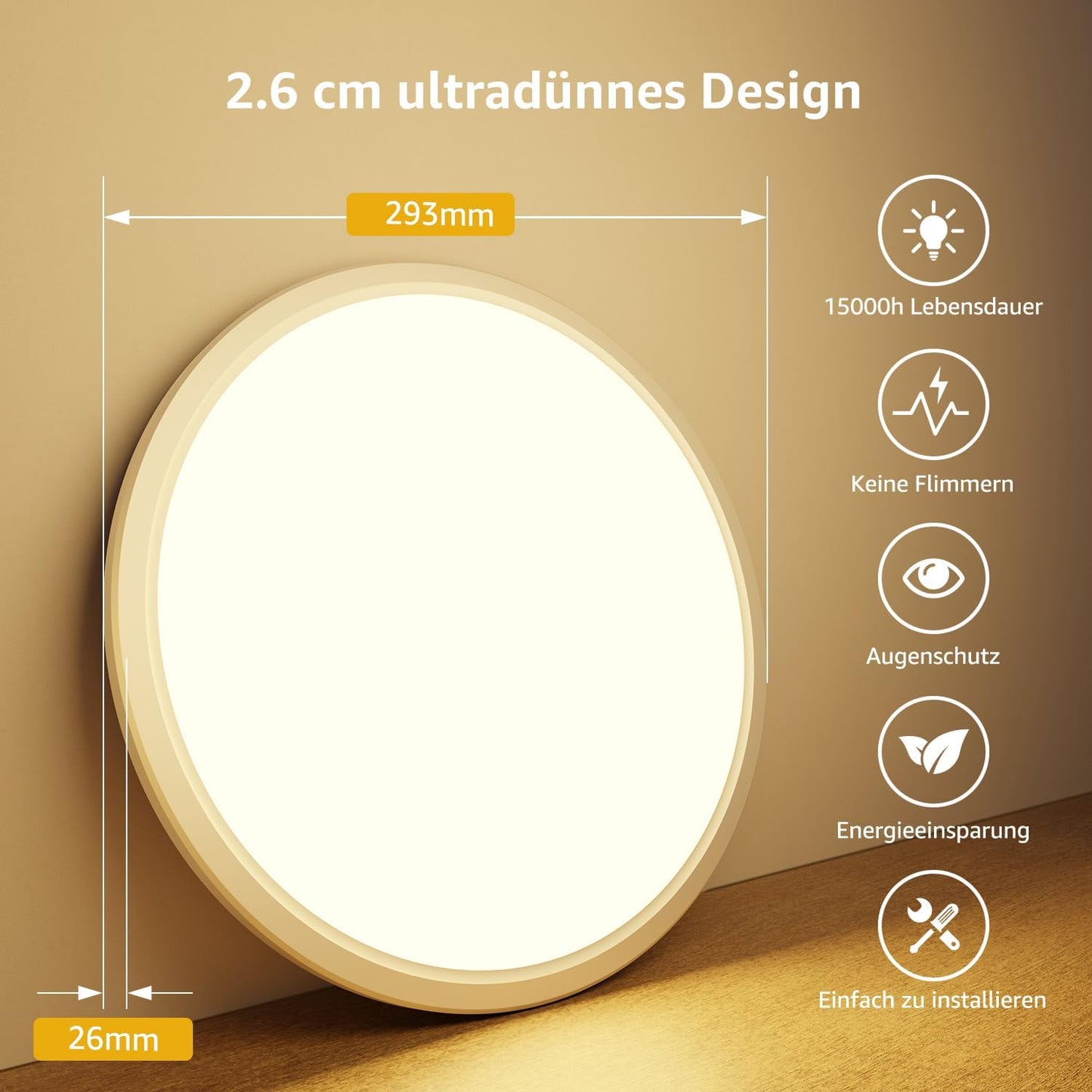 Lepro Deckenlampe 24W, IP44 Wasserfest Deckenleuchte，3000K 2400LM Badezimmer Lampe, Warmweiß Deckenleuchte Badezimmer, ideal Badezimmerlampe Decke für Bad Schlafzimmer Wohnzimmer, Ø29.3cm, 2 Stücke