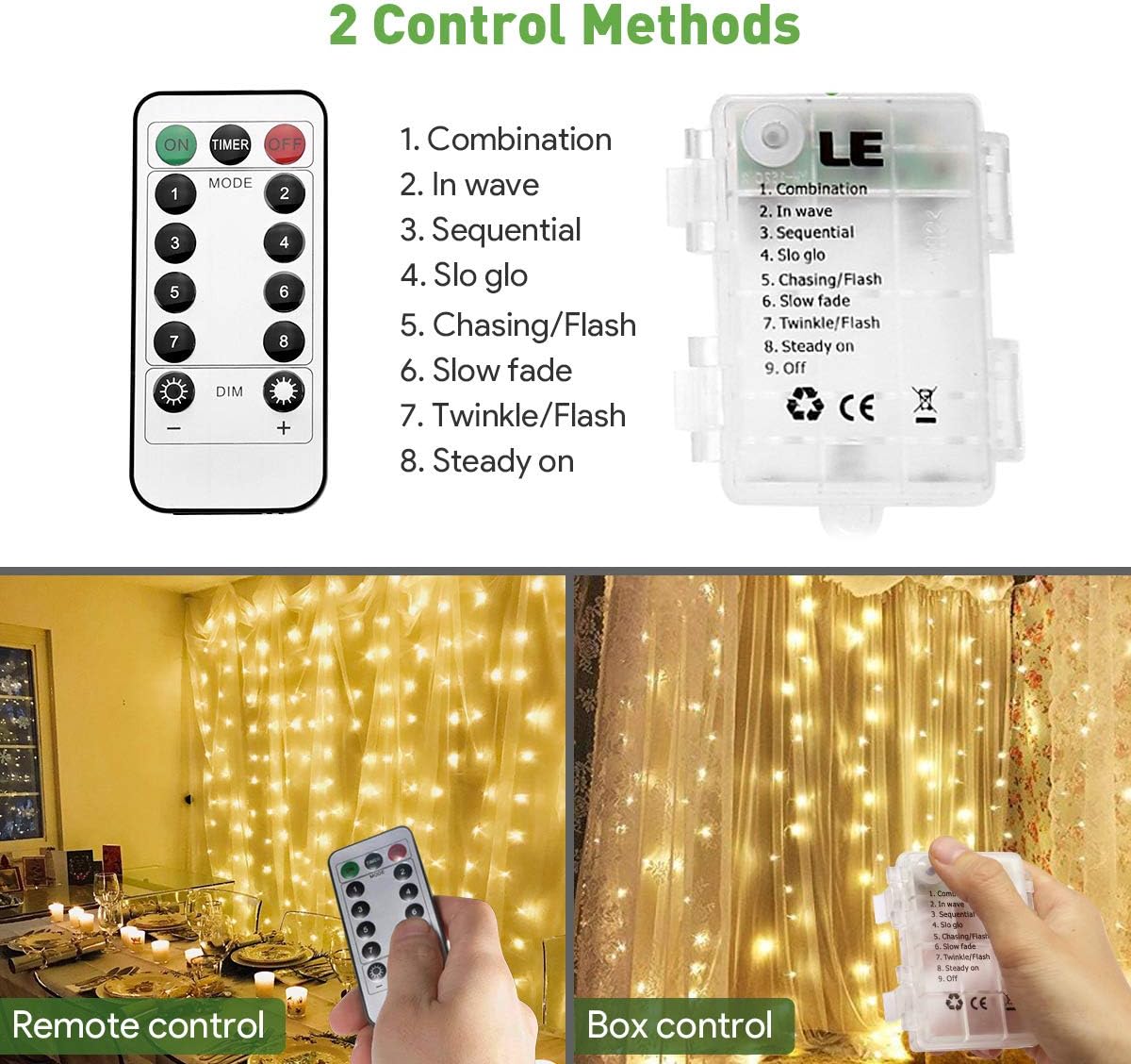 LE Lichtervorhang 3 * 3m, USB Lichterketten Vorhang 300 LEDs Warmwei?, 8 Modi Dimmbare Kupferdraht, Lichterkette Batterie f¨¹r Au?en Innen Deko Schlafzimmer, Partydekoration, Weihnachten, Hochzeit